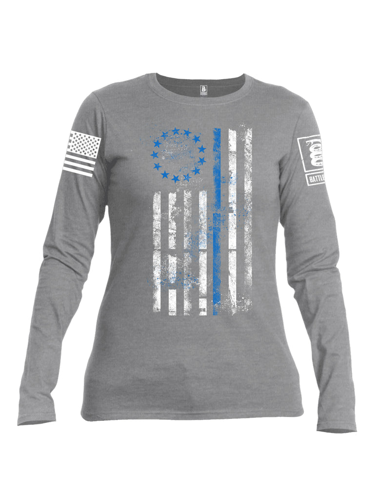 Battleraddle 13 Colonies Thin Blue Line Vertical Flag Women Cotton Crew Neck Long Sleeve T Shirt