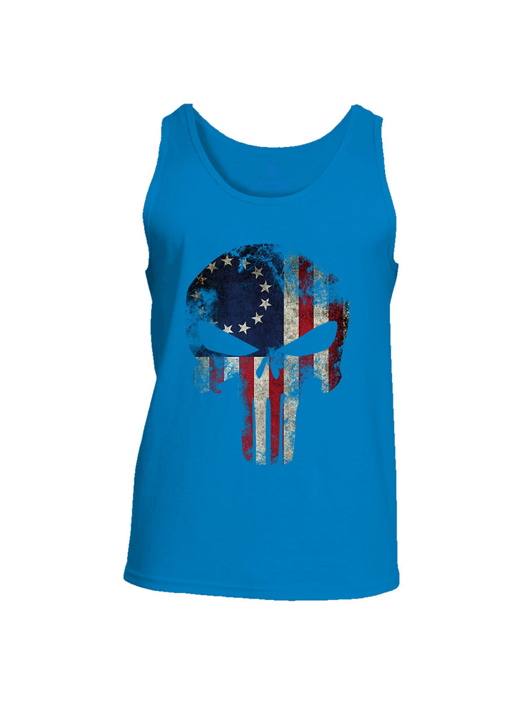 Battleraddle Patriot Skull Usa Flag Mid Blue Sleeves Men Cotton Cotton Tank Top