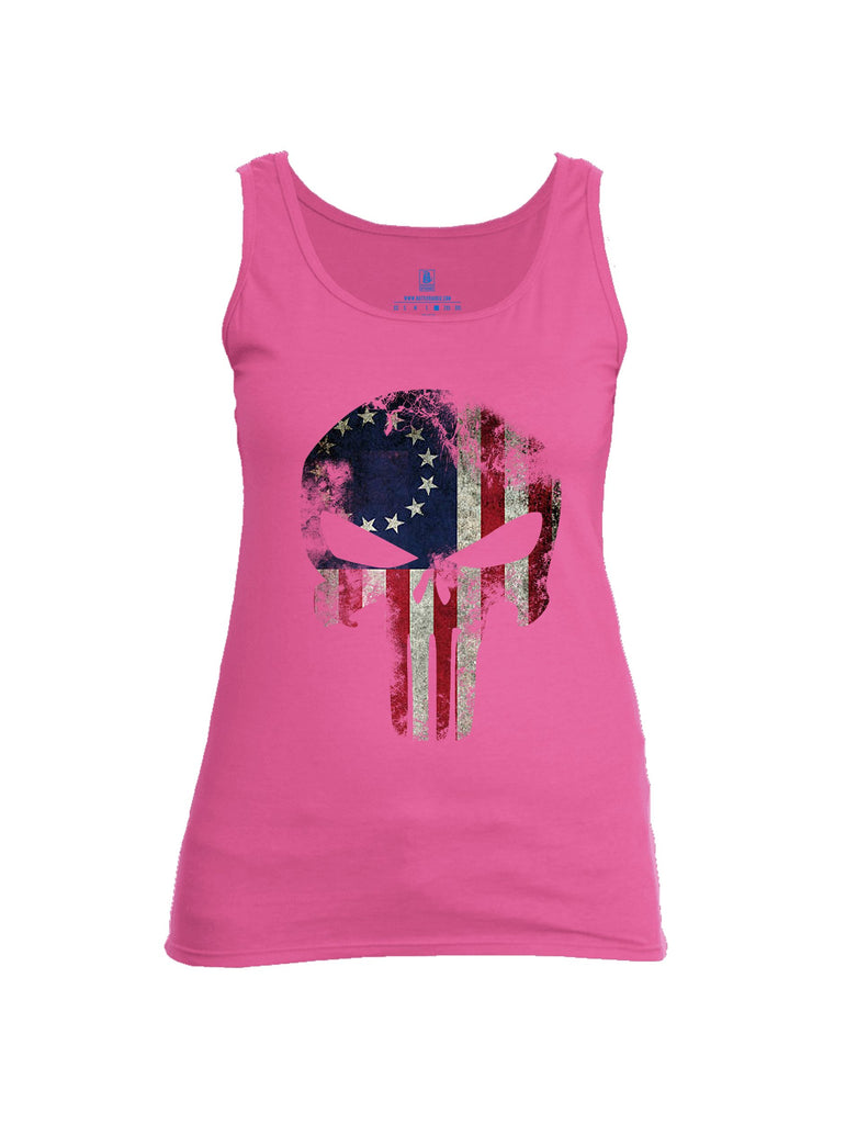 Battleraddle Patriot Skull Usa Flag Mid Blue Sleeves Women Cotton Cotton Tank Top