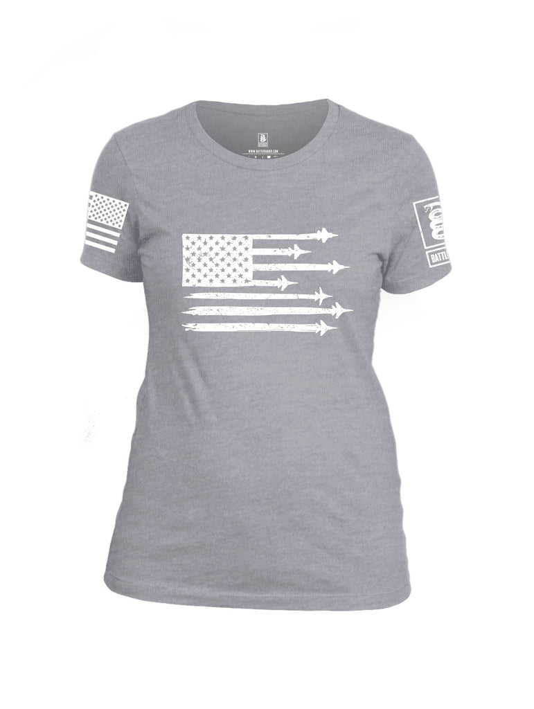 Battleraddle Usa Flag Jet Fighters White Sleeves Women Cotton Crew Neck T-Shirt