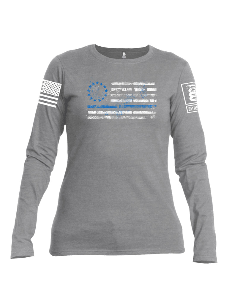 Battleraddle 13 Colonies Thin Blue Line Horizontal Flag  Women Cotton Crew Neck Long Sleeve T Shirt