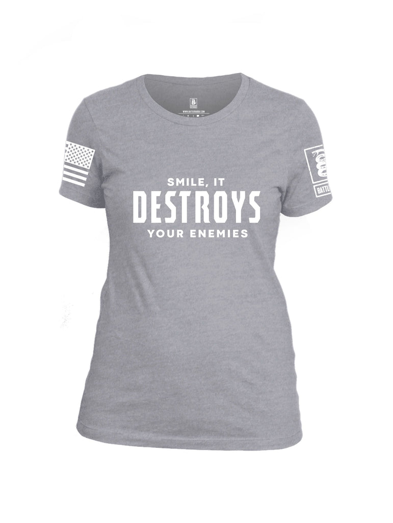 Battleraddle Smile It Destroys Your Enemies White Sleeves Women Cotton Crew Neck T-Shirt