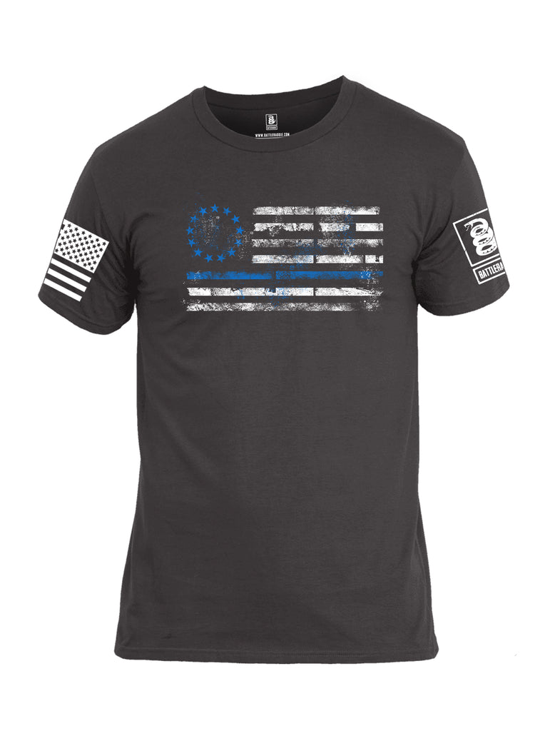 Battleraddle 13 Colonies Thin Blue Line Horizontal Flag  Men Cotton Crew Neck T-Shirt