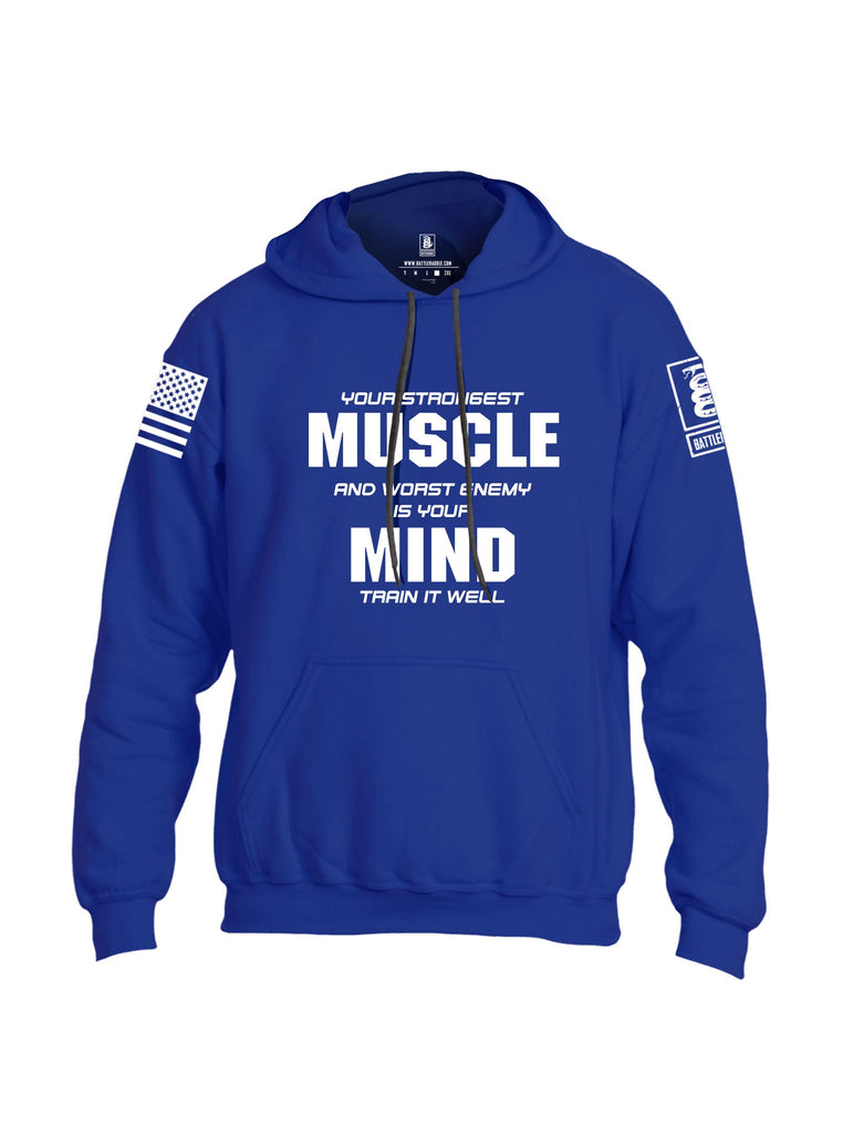 Battleraddle Your Strongest Muscle And Worst Enemy Is Your Mind Train It Well White Sleeves Uni Cotton Blended Hoodie With Pockets