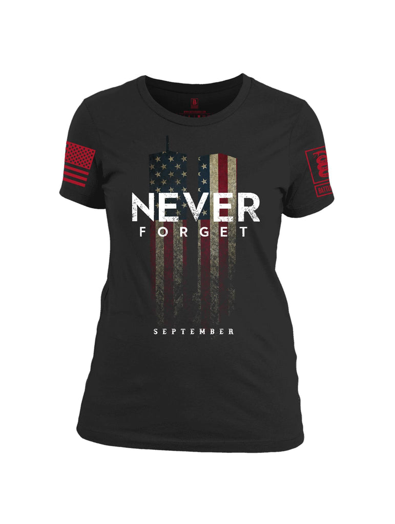Battleraddle Never Forget September 11 Red Sleeve Print Womens Cotton Crew Neck T Shirt