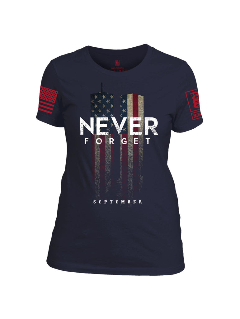 Battleraddle Never Forget September 11 Red Sleeve Print Womens Cotton Crew Neck T Shirt
