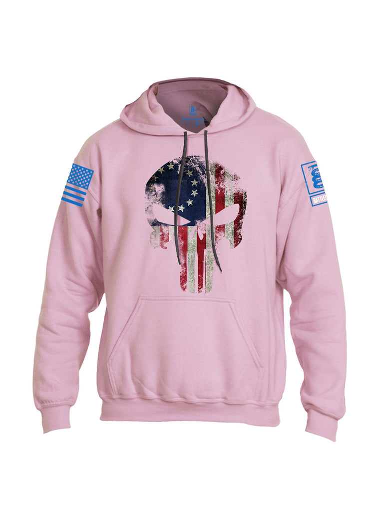 Battleraddle Patriot Skull Usa Flag Mid Blue Sleeves Uni Cotton Blended Hoodie With Pockets