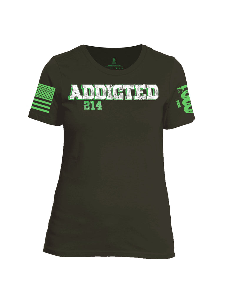 Battleraddle Addicted 214 Green Sleeve Print Womens Cotton Crew Neck T Shirt - Battleraddle® LLC