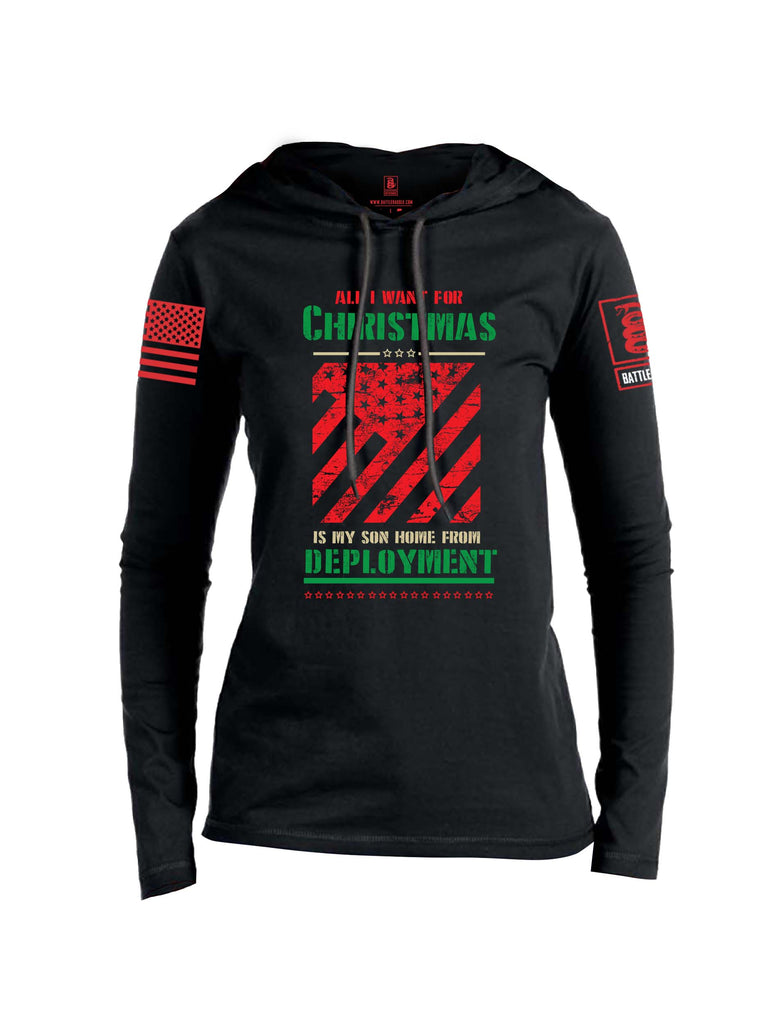 Battleraddle All I Want For Christmas Is My Son Home From Deployment Red Sleeve Print Womens Thin Cotton Lightweight Hoodie