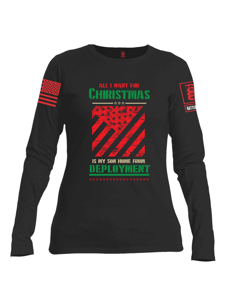 Battleraddle All I Want For Christmas Is My Son Home From Deployment Red Sleeve Print Womens Cotton Long Sleeve Crew Neck T Shirt