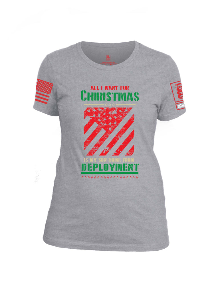 Battleraddle All I Want For Christmas Is My Son Home From Deployment Red Sleeve Print Womens Cotton Crew Neck T Shirt