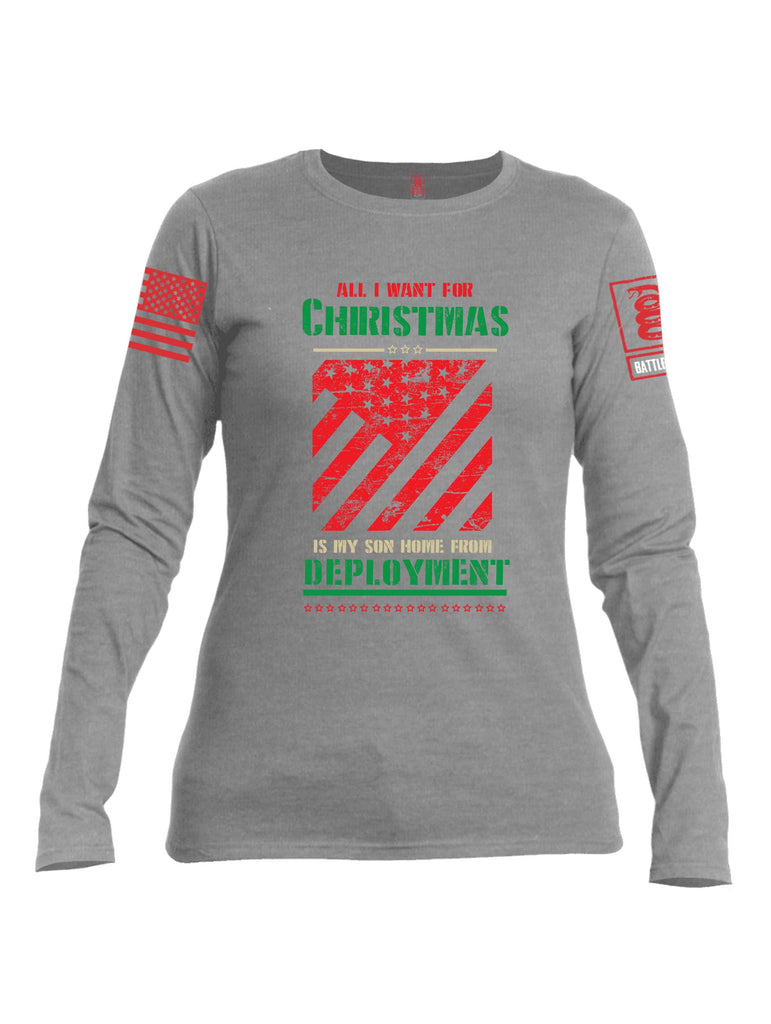 Battleraddle All I Want For Christmas Is My Son Home From Deployment Red Sleeve Print Womens Cotton Long Sleeve Crew Neck T Shirt