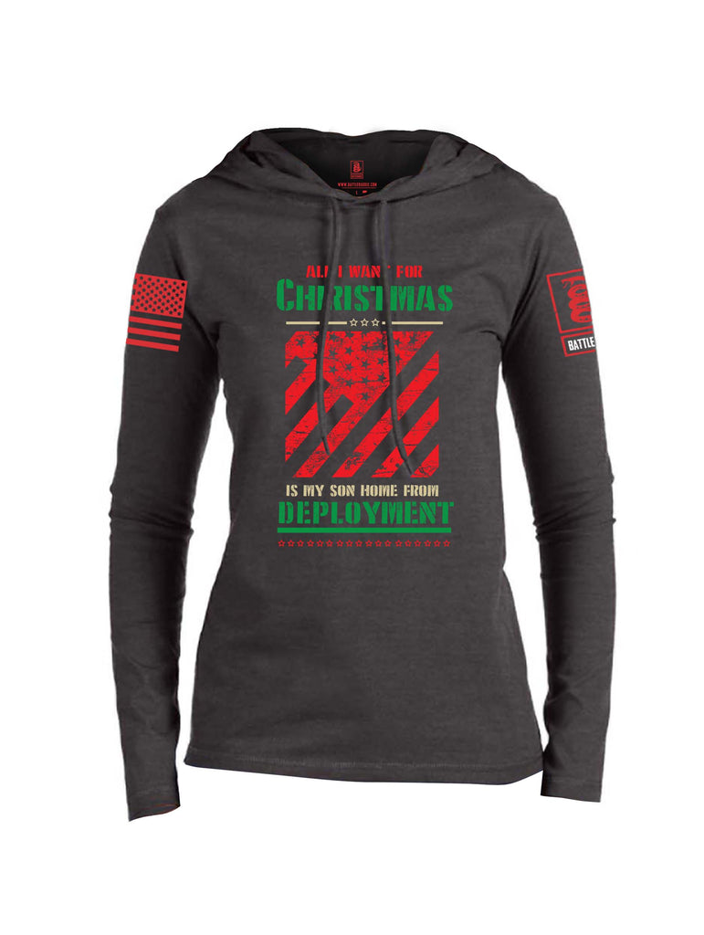 Battleraddle All I Want For Christmas Is My Son Home From Deployment Red Sleeve Print Womens Thin Cotton Lightweight Hoodie
