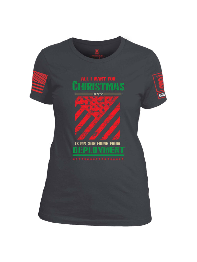 Battleraddle All I Want For Christmas Is My Son Home From Deployment Red Sleeve Print Womens Cotton Crew Neck T Shirt