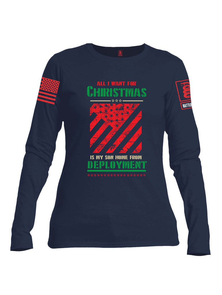 Battleraddle All I Want For Christmas Is My Son Home From Deployment Red Sleeve Print Womens Cotton Long Sleeve Crew Neck T Shirt