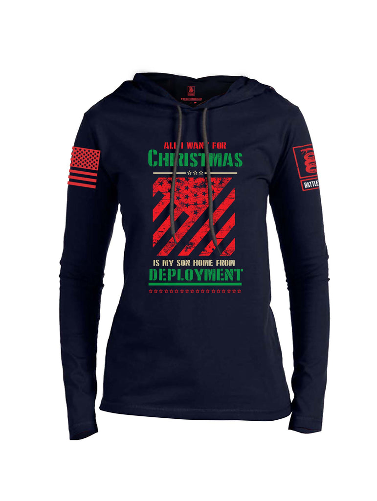 Battleraddle All I Want For Christmas Is My Son Home From Deployment Red Sleeve Print Womens Thin Cotton Lightweight Hoodie