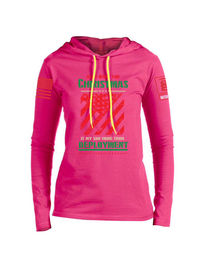 Battleraddle All I Want For Christmas Is My Son Home From Deployment Red Sleeve Print Womens Thin Cotton Lightweight Hoodie