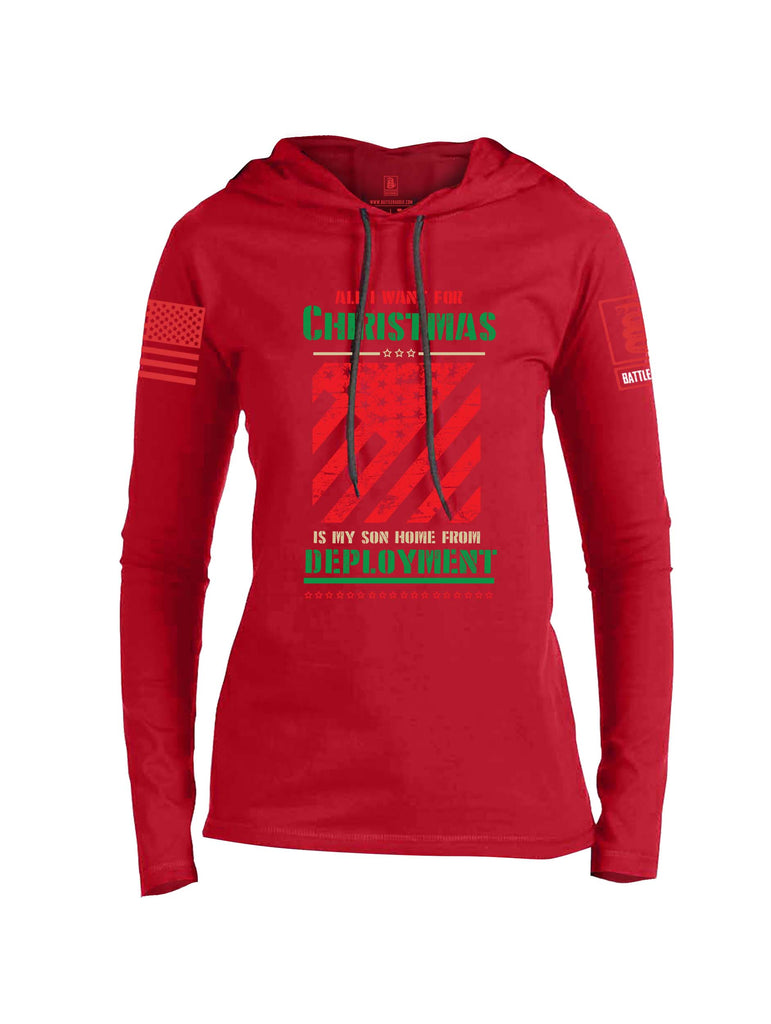 Battleraddle All I Want For Christmas Is My Son Home From Deployment Red Sleeve Print Womens Thin Cotton Lightweight Hoodie