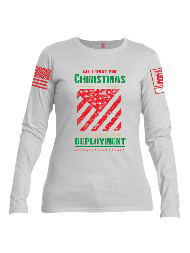 Battleraddle All I Want For Christmas Is My Son Home From Deployment Red Sleeve Print Womens Cotton Long Sleeve Crew Neck T Shirt