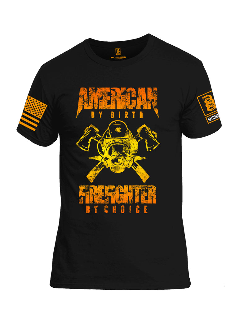 Battleraddle American By Birth Firefighter By Choice Orange Sleeve Print Mens Cotton Crew Neck T Shirt