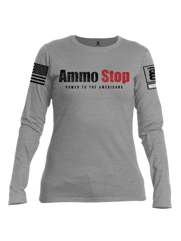 Battleraddle Ammo Stop Power To The Americans Black Sleeve Print Womens Cotton Long Sleeve Crew Neck T Shirt