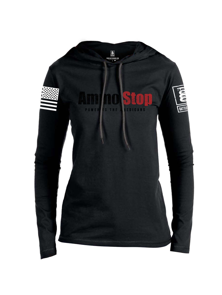 Battleraddle Ammo Stop Power To The Americans Black Sleeve Print Womens Thin Cotton Lightweight Hoodie