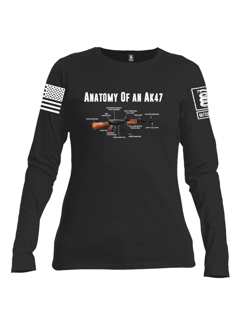 Battleraddle Anatomy Of An AK47 White Sleeve Print Womens Cotton Long Sleeve Crew Neck T Shirt