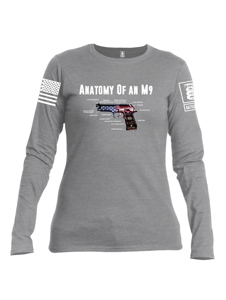 Battleraddle Anatomy Of An M9 White Sleeve Print Womens Cotton Long Sleeve Crew Neck T Shirt