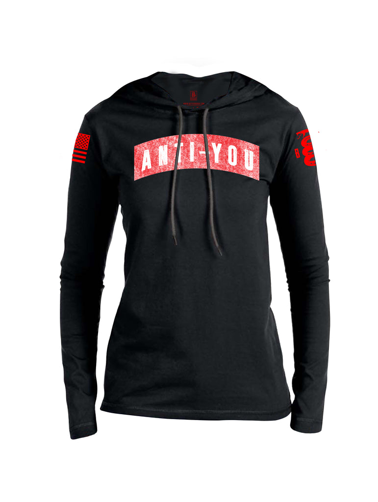Battleraddle Anti-You Red Sleeve Print Womens Thin Cotton Lightweight Hoodie - Battleraddle® LLC