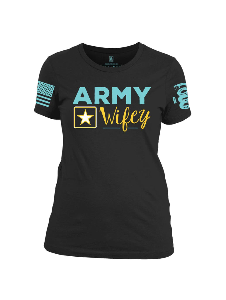 Battleraddle Army Wifey Blue Sleeve Print Womens Cotton Crew Neck T Shirt - Battleraddle® LLC