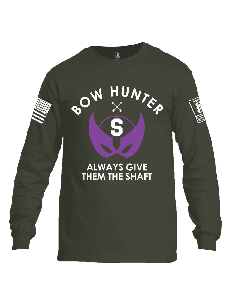 Battleraddle Bow Hunter Always Give Them The Shaft White Sleeve Print Mens Cotton Long Sleeve Crew Neck T Shirt