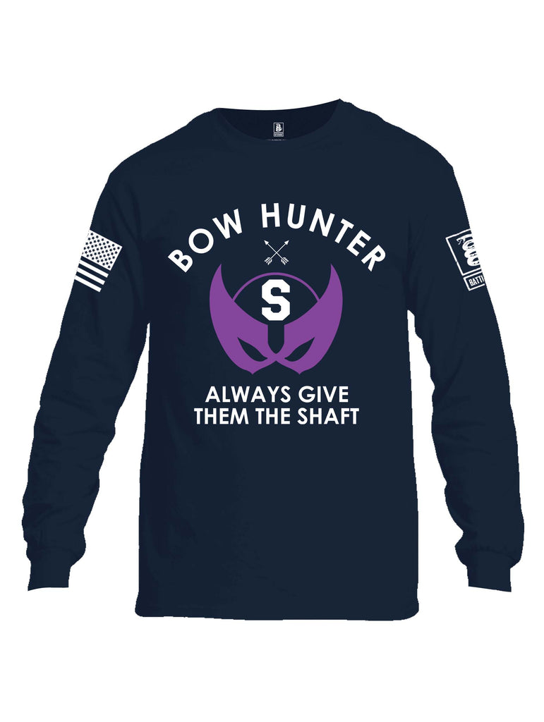 Battleraddle Bow Hunter Always Give Them The Shaft White Sleeve Print Mens Cotton Long Sleeve Crew Neck T Shirt