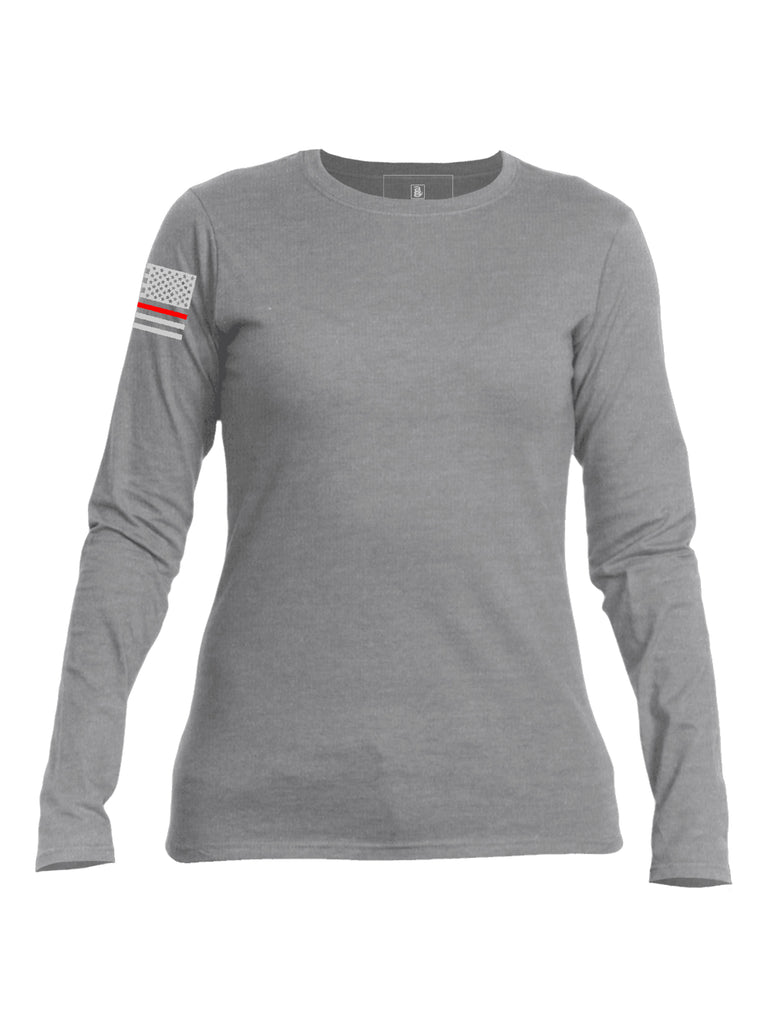 Battleraddle Basic Line Right Sleeve Red Line Flag Print Womens Cotton Long Sleeve Crew Neck T Shirt - Battleraddle® LLC