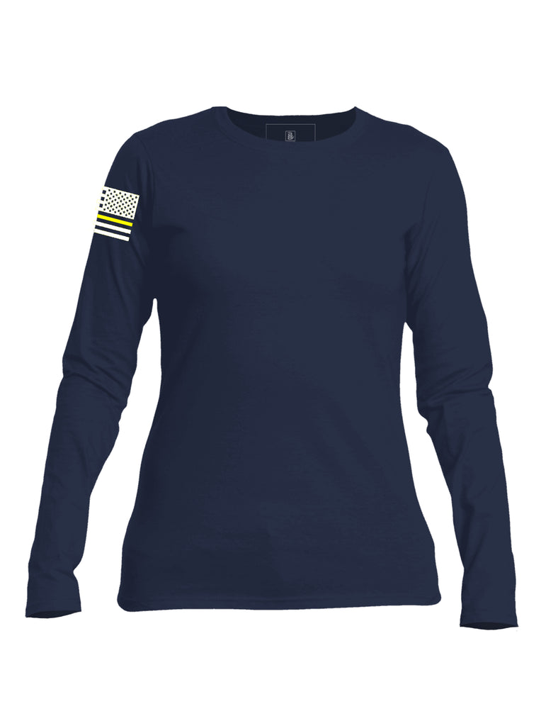 Battleraddle Basic Line Right Sleeve Yellow Line Flag Print Womens Cotton Long Sleeve Crew Neck T Shirt - Battleraddle® LLC