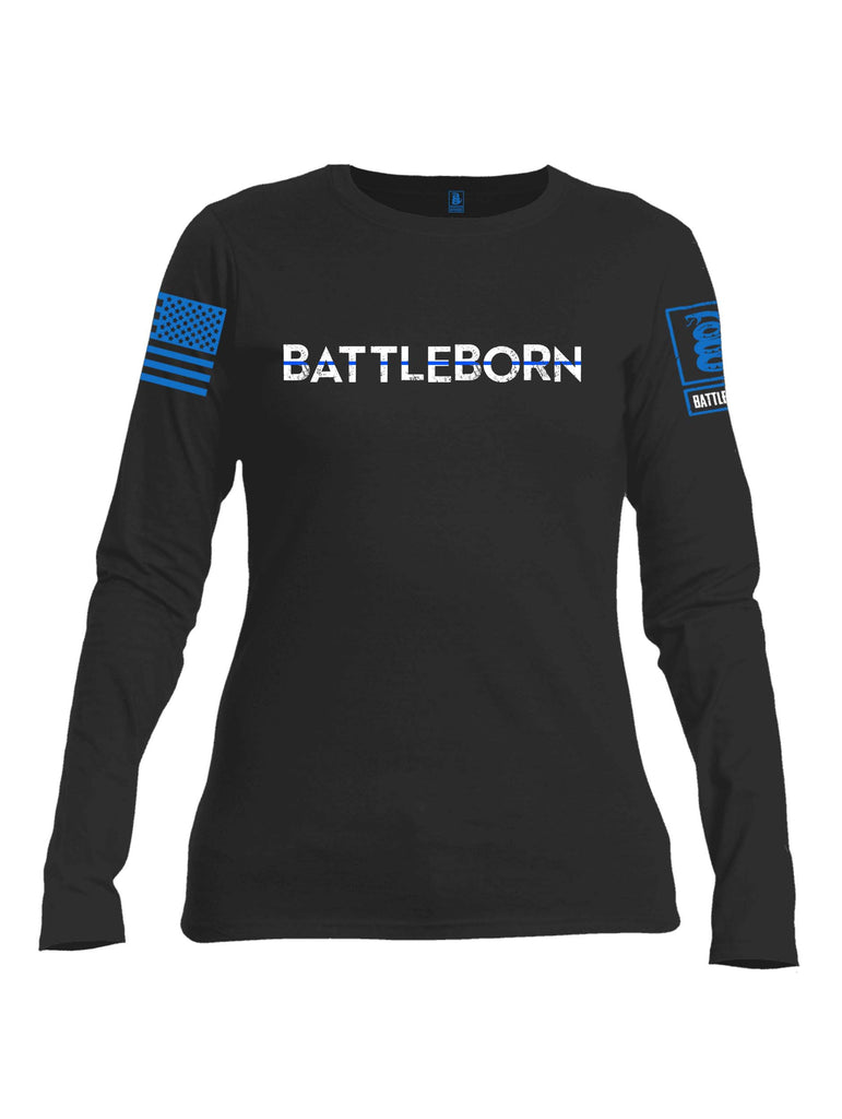 Battleraddle Battleborn Blue Line Blue Sleeve Print Womens Cotton Long Sleeve Crew Neck T Shirt