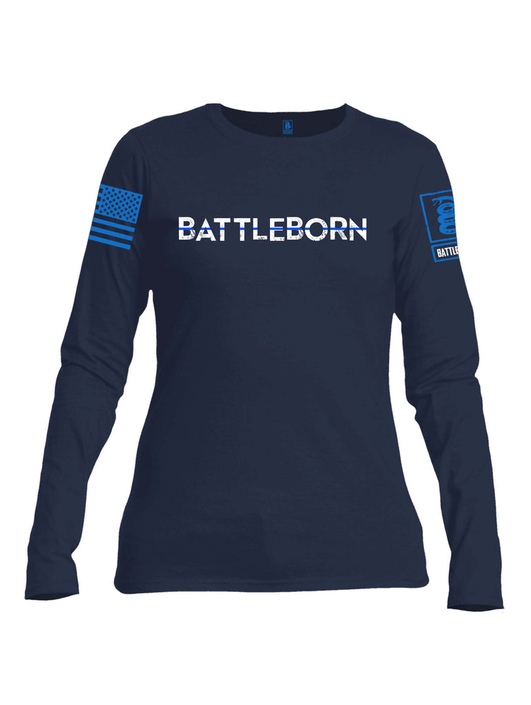 Battleraddle Battleborn Blue Line Blue Sleeve Print Womens Cotton Long Sleeve Crew Neck T Shirt