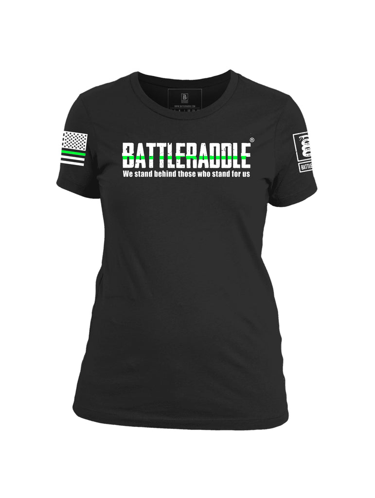 Battleraddle We Stand Behind Those Who Stand For Us Green Line White Sleeve Print Womens Cotton Crew Neck T Shirt