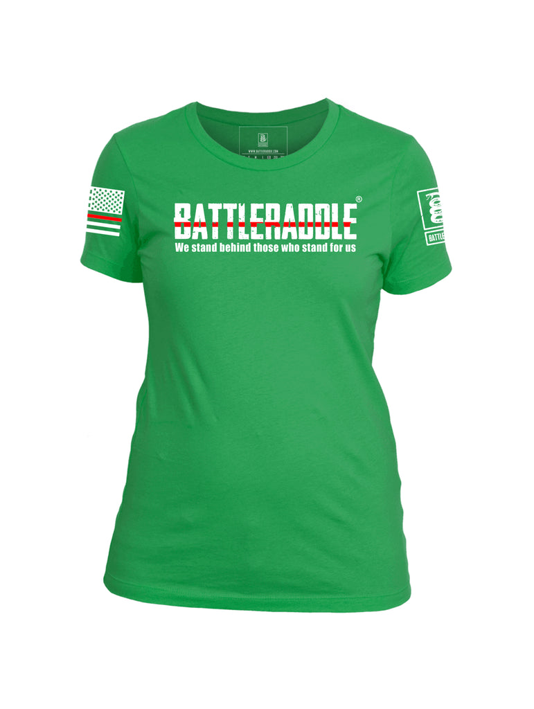 Battleraddle We Stand Behind Those Who Stand For Us Red Line White Sleeve Print Womens Cotton Crew Neck T Shirt
