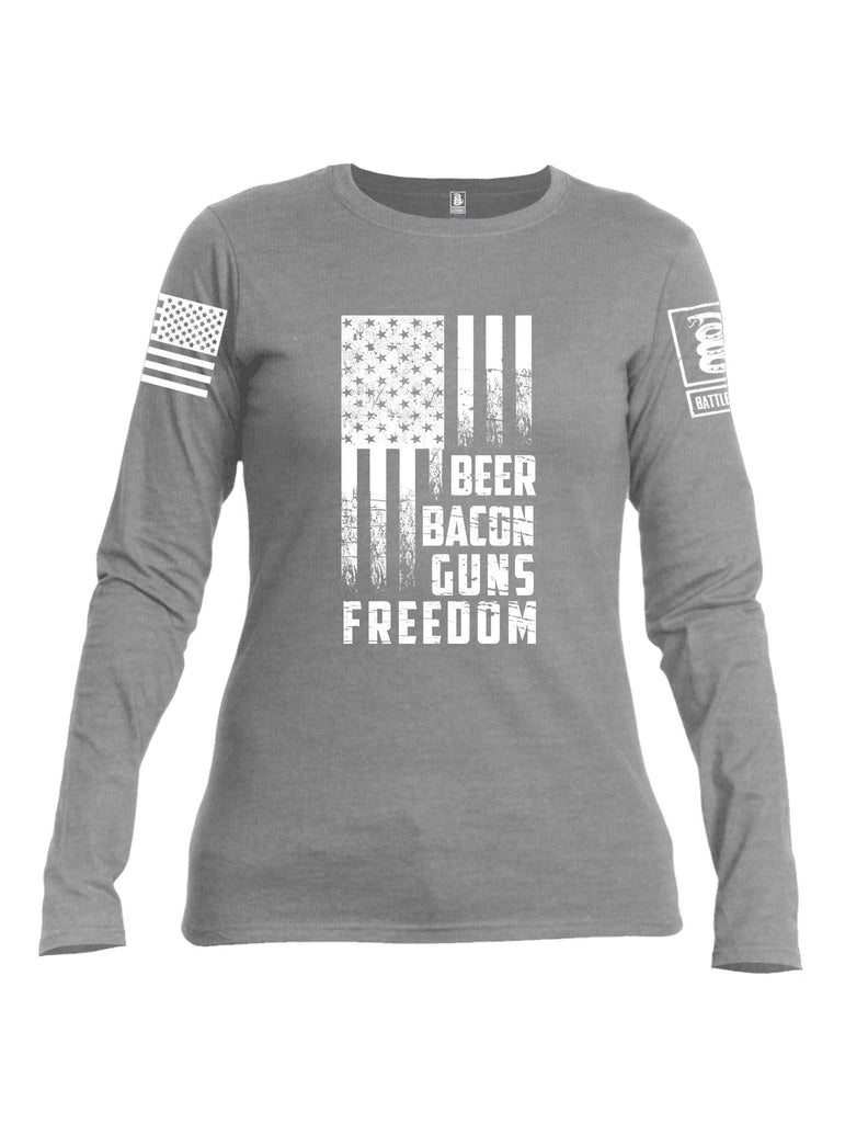 Battleraddle Beer Bacon Guns Freedom White Sleeve Print Womens Cotton Long Sleeve Crew Neck T Shirt