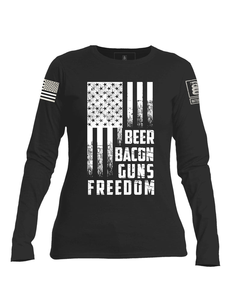 Battleraddle Beer Bacon Guns Freedom White Sleeve Print Womens Cotton Long Sleeve Crew Neck T Shirt - Battleraddle® LLC