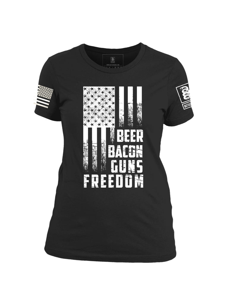 Battleraddle Beer Bacon Guns Freedom White Sleeve Print Womens Cotton Crew Neck T Shirt - Battleraddle® LLC