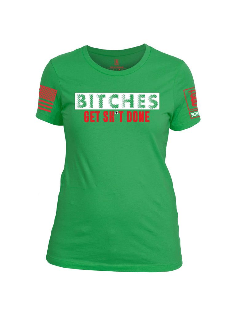 Battleraddle Bitches Get Sh*t Done Red Sleeve Print Womens Cotton Crew Neck T Shirt