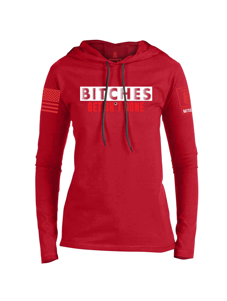 Battleraddle Bitches Get Sh*t Done Red Sleeve Print Womens Thin Cotton Lightweight Hoodie