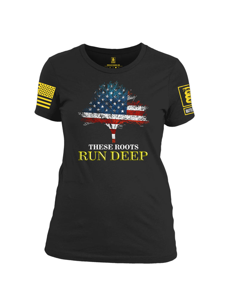 Battleraddle These Roots Run Deep Yellow Sleeve Print Womens Cotton Crew Neck T Shirt