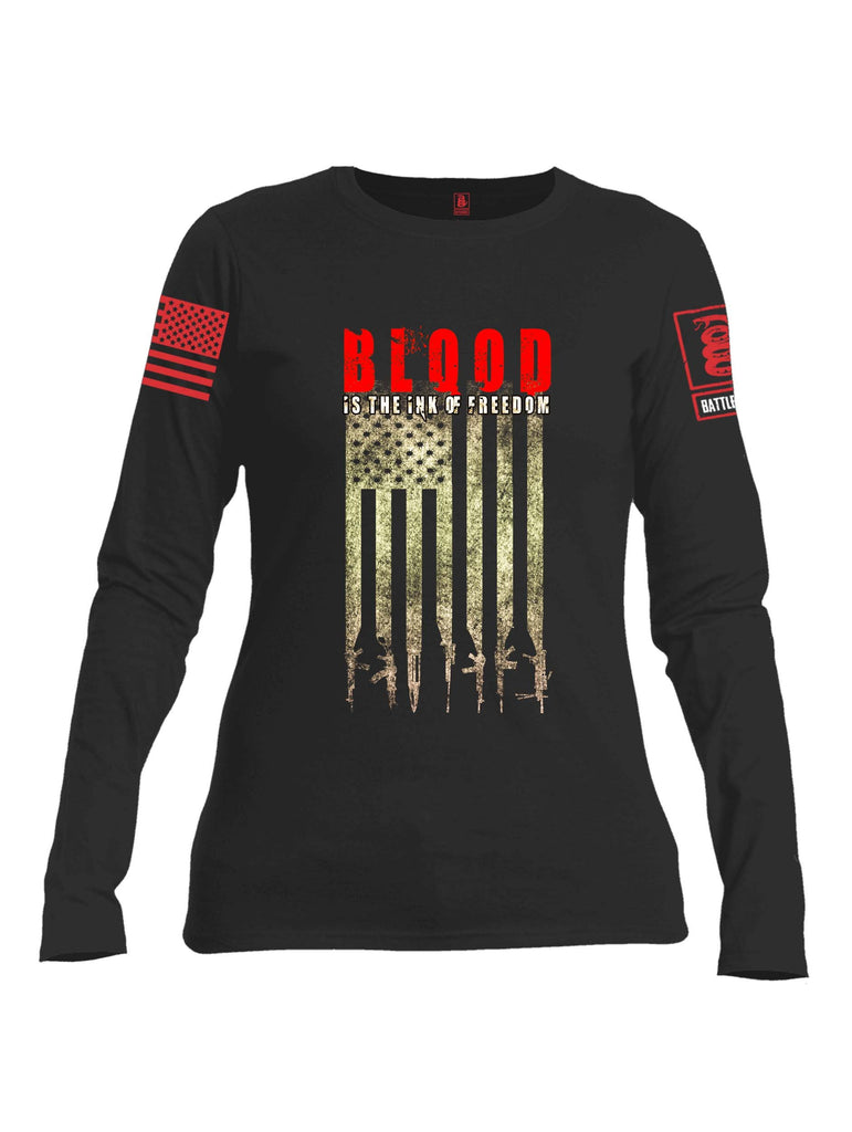 Battleraddle Blood Is The Ink Of Freedom Red Sleeve Print Womens Cotton Long Sleeve Crew Neck T Shirt