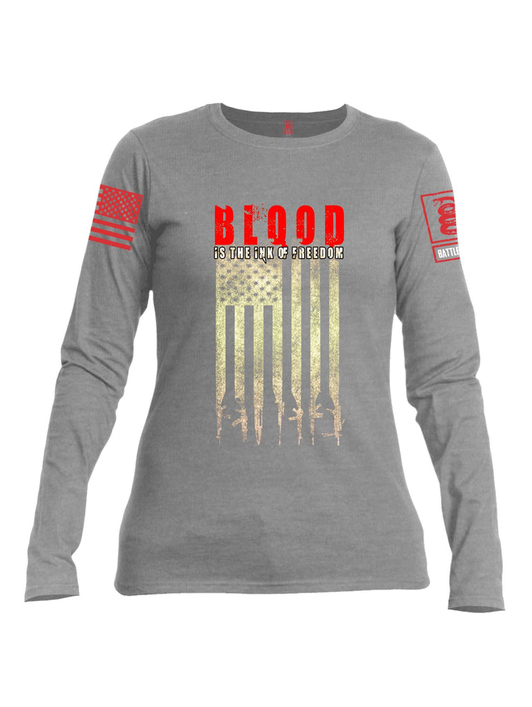 Battleraddle Blood Is The Ink Of Freedom Red Sleeve Print Womens Cotton Long Sleeve Crew Neck T Shirt