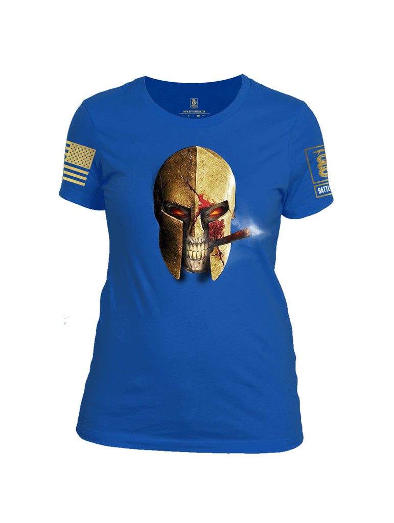 Battleraddle Smoking Spartan Brass Skull Brass Sleeve Print Womens 100% Battlefit Polyester Crew Neck T Shirt