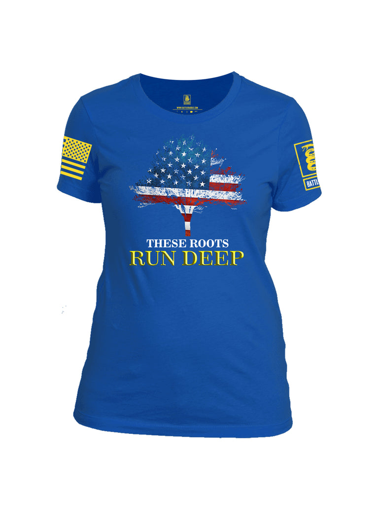 Battleraddle These Roots Run Deep Yellow Sleeve Print Womens 100% Battlefit Polyester Crew Neck T Shirt