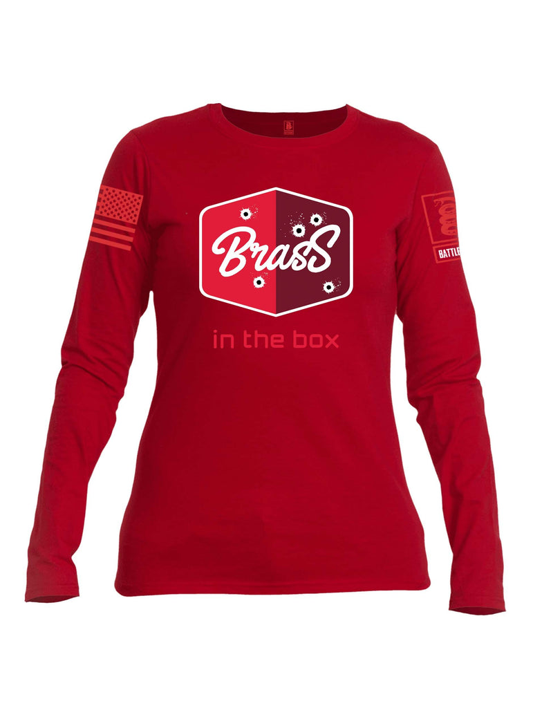 Battleraddle Brass In The Box Red Sleeve Print Womens Cotton Long Sleeve Crew Neck T Shirt