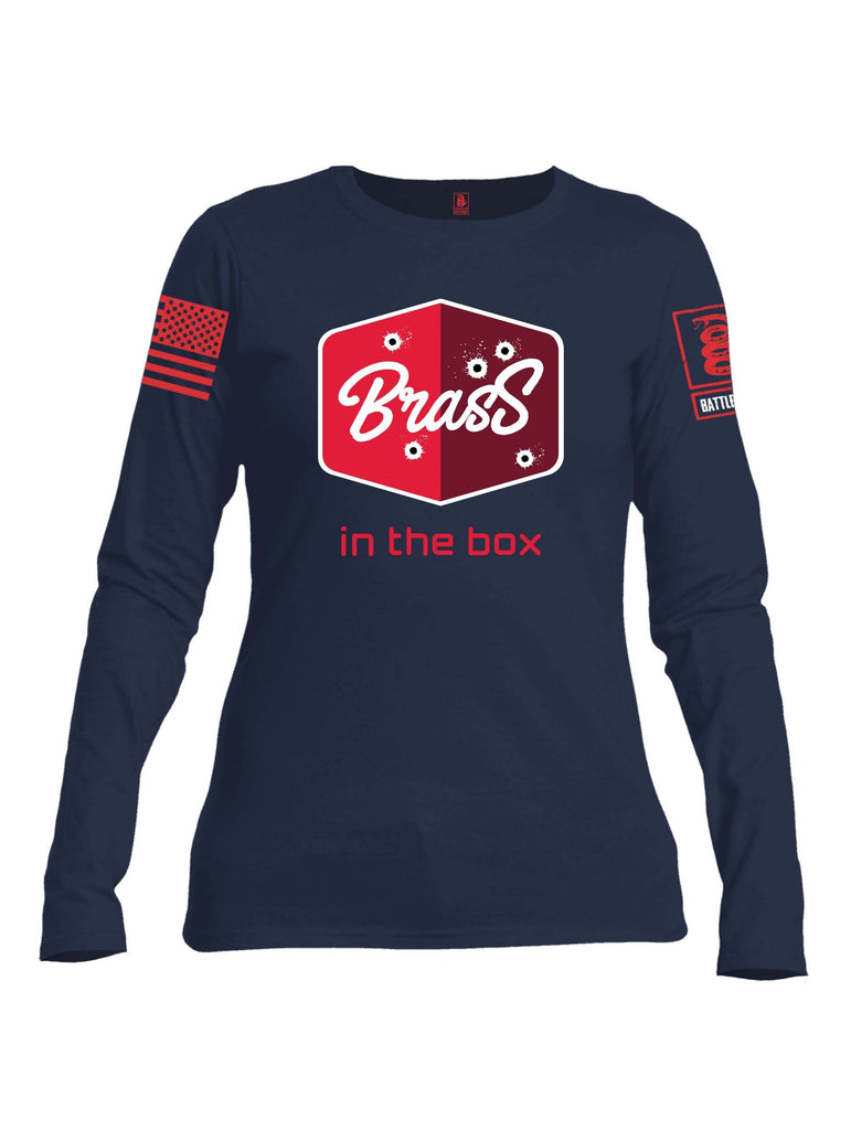 Battleraddle Brass In The Box Red Sleeve Print Womens Cotton Long Sleeve Crew Neck T Shirt